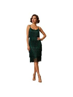 Women's Green Fringe Flapper Gatsby Art Deco Dress XL